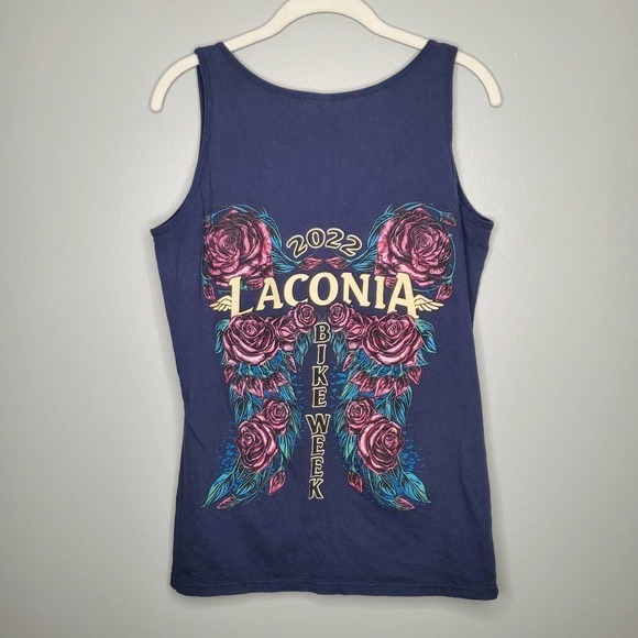 Laconia Bike Week 2022 women's tank top size L navy heart roses NH motorcycles - Picture 2 of 7